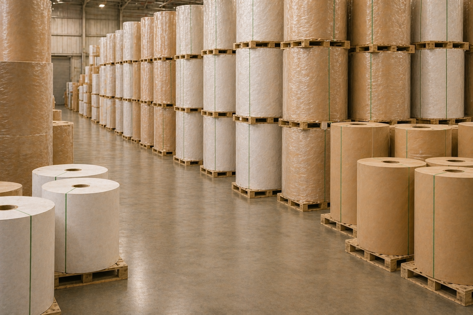Warehouse with neatly organized paper rolls