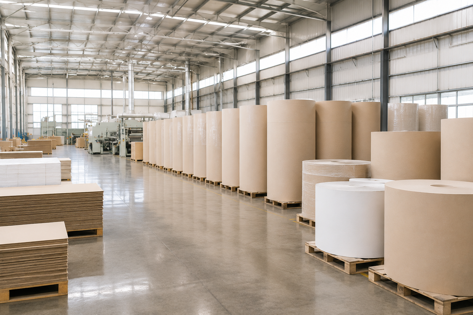Large clean warehouse with paper rolls and stacked material