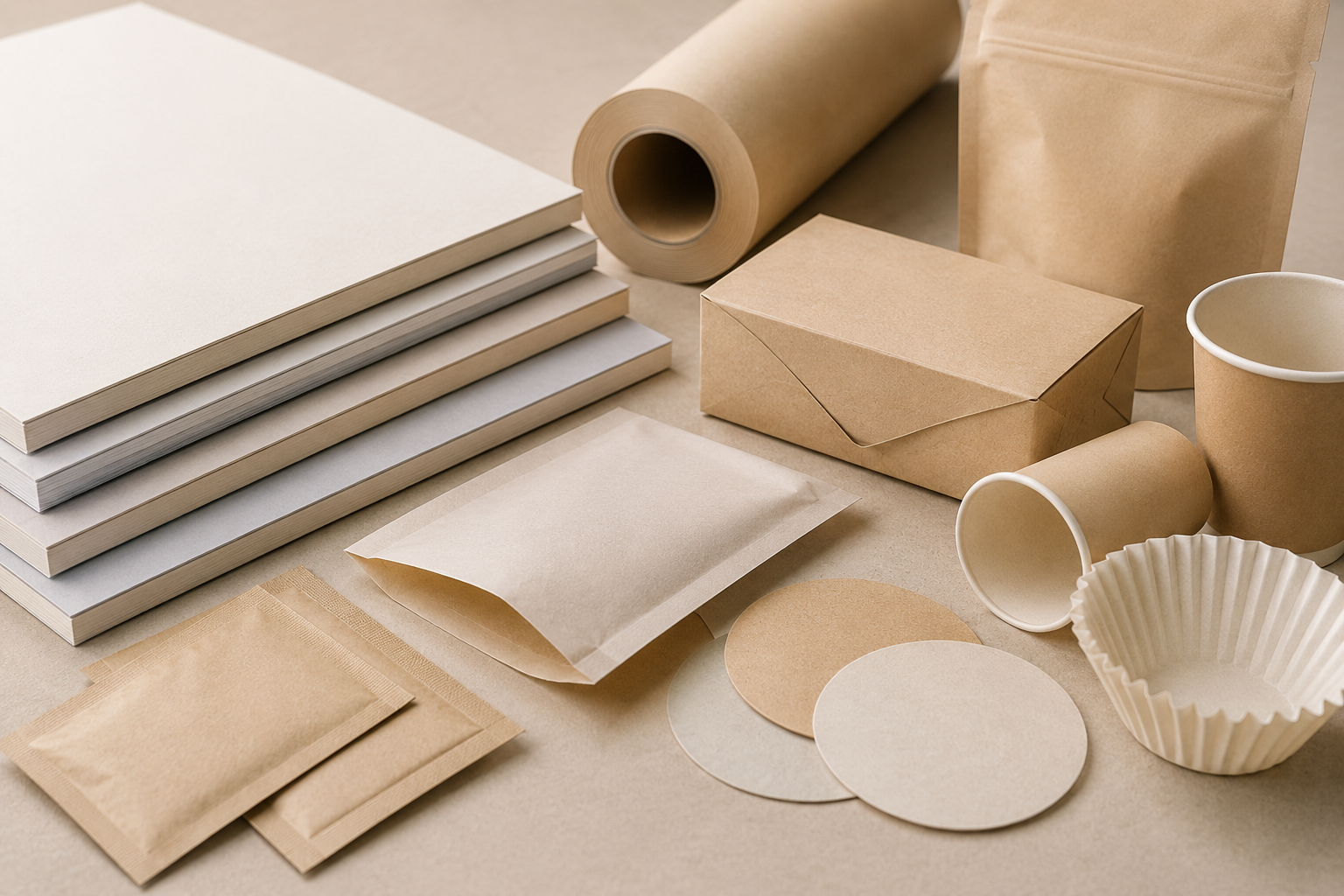 Specialty application materials including paper cups and packaging formats