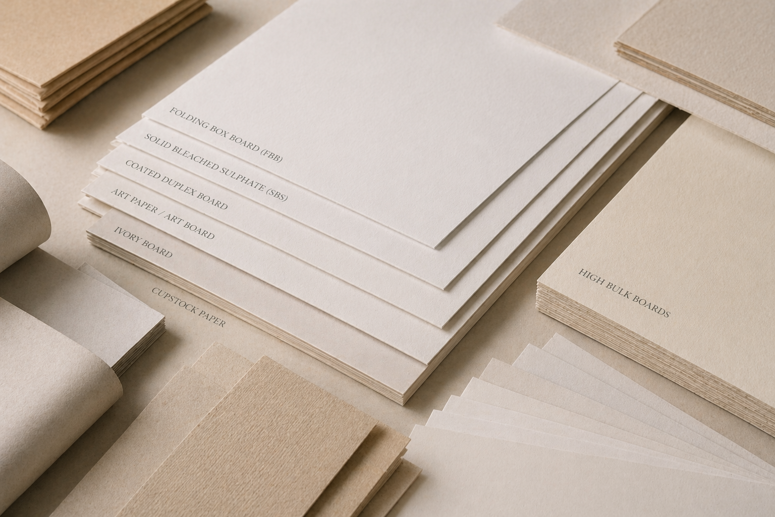 Specialty papers and boards arranged in a premium stack