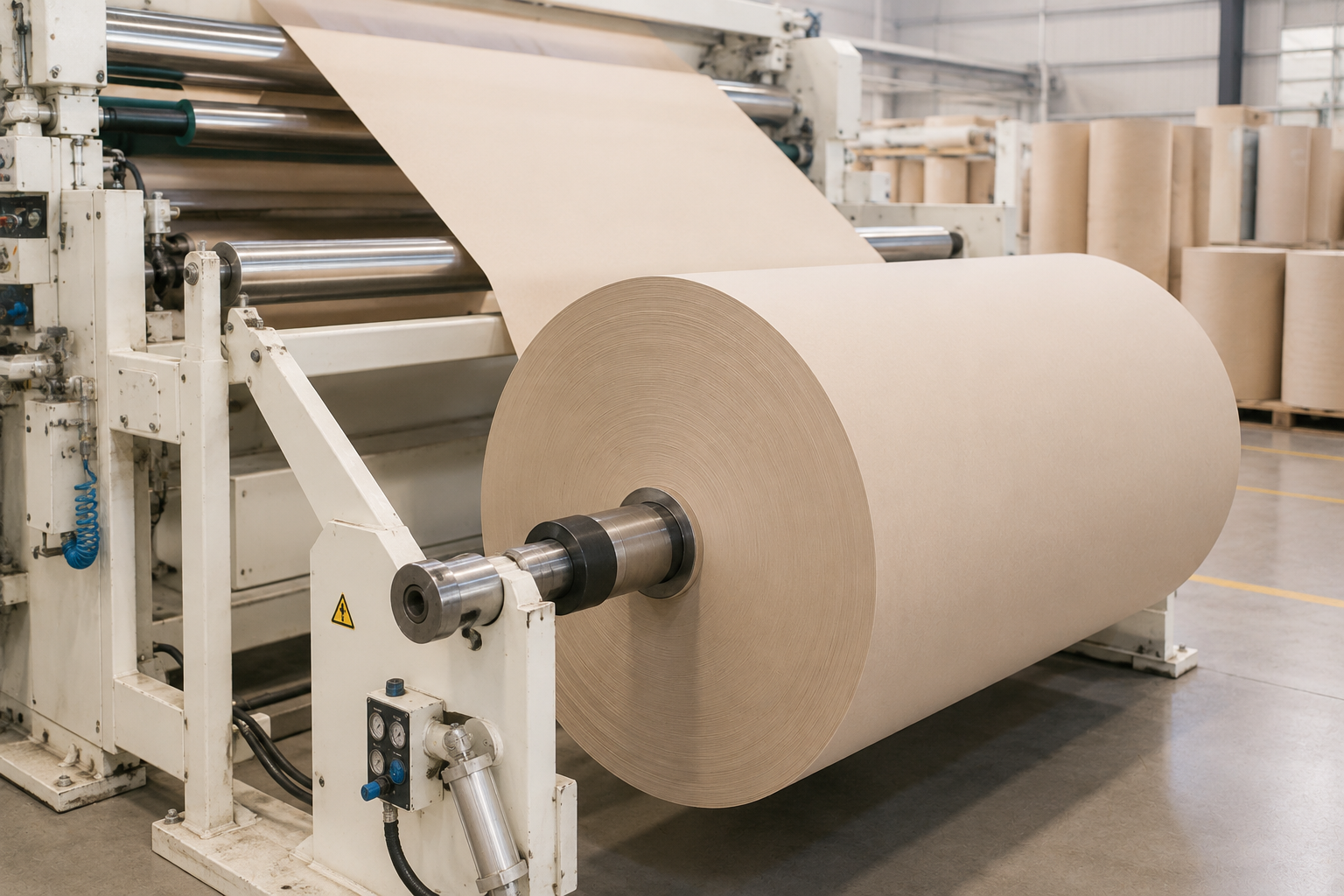 Paper rewinding machine with large roll in a clean industrial facility